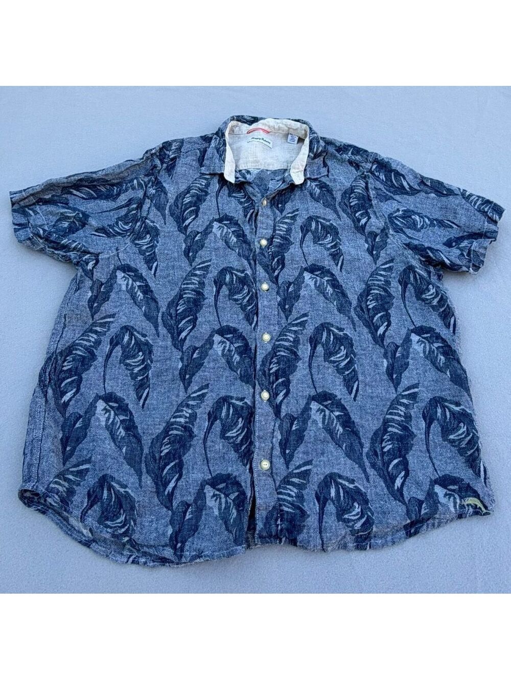 Tommy Bahama Shirt Mens XXL Blue Tropical Leaf Print Short Sleeve Button Up